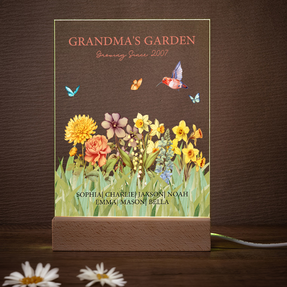 Discover Personalized Grandma's Garden Birth Flower LED Night Light with Names and Wooden Base Home Decor Anniversary Appreciation Gift for Grandma Mom