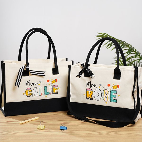 Personalised Multicolor Doodle Text Large Canvas Tote Bag with Shoulder Strap Birthday Teacher's Day Back to School Appreciation Gift for Teachers