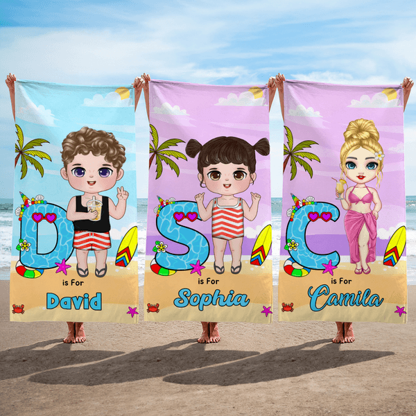 Personalized Cartoon Character Initial Soft Quick Dry Oversized Beach Towel with Name Travel Vacation Essential Birthday Gift for Kids Adults Swimmers