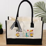 Personalised Multicolor Doodle Text Large Canvas Tote Bag with Shoulder Strap Birthday Teacher's Day Back to School Appreciation Gift for Teachers