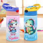 Personnalisé Cartoon Fantasy Unicorn and Dinosaur Name 12 oz Insulated Kid Water Bottle with Handle and Straw Back to School Gift for Boys Girls (Bouteille d'eau isotherme pour enfants avec poignée et
