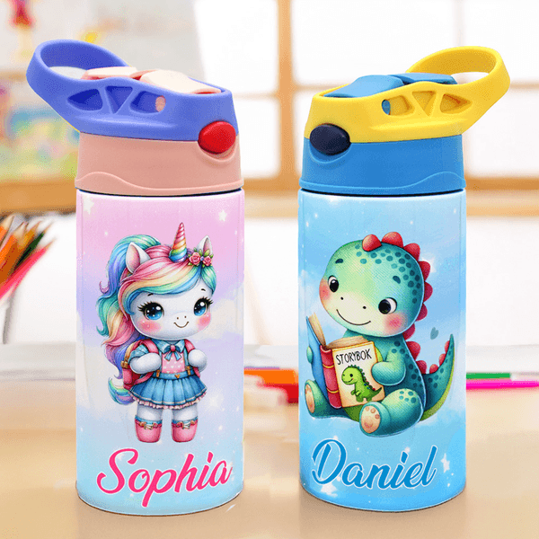 Personalized Cartoon Fantasy Unicorn and Dinosaur Name 12 oz Insulated Kid Water Bottle with Handle and Straw Back to School Gift for Boys Girls
