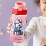 Personnalisé Cartoon Fantasy Unicorn and Dinosaur Name 12 oz Insulated Kid Water Bottle with Handle and Straw Back to School Gift for Boys Girls (Bouteille d'eau isotherme pour enfants avec poignée et