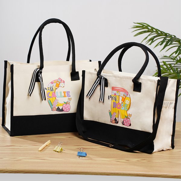 Personalised Apple Ruler Pencil Initial Large Tote Bag with Name and Adjustable Shoulder Strap Travel Teachers' Day Birthday Gift for Teachers