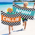 Toalla de playa de gran tamaño y secado rápido con bandera de carreras a cuadros personalizada con nombre Regalo de cumpleaños para los amantes de los deportes de motor el día del partido de vacacione