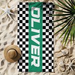 Toalla de playa de gran tamaño y secado rápido con bandera de carreras a cuadros personalizada con nombre Regalo de cumpleaños para los amantes de los deportes de motor el día del partido de vacacione
