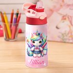 Personnalisé Cartoon Fantasy Unicorn and Dinosaur Name 12 oz Insulated Kid Water Bottle with Handle and Straw Back to School Gift for Boys Girls (Bouteille d'eau isotherme pour enfants avec poignée et
