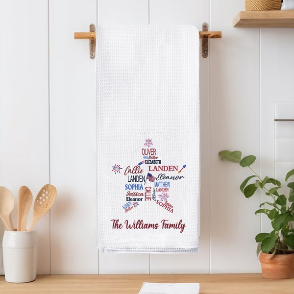 Personalized 1-19 Names Firework Flag Soft Waffle Tea Towel with Text Kitchen Decor Patriotic 4th of July Independence Day Gift for Family Friend