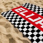 Toalla de playa de gran tamaño y secado rápido con bandera de carreras a cuadros personalizada con nombre Regalo de cumpleaños para los amantes de los deportes de motor el día del partido de vacacione