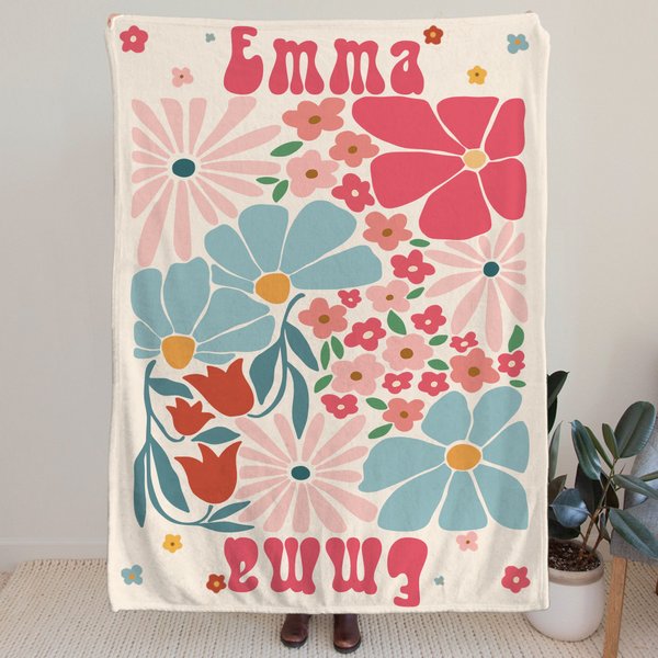 Personifierad Retro Boho Akvarell Dansk Blommig Mjuk Pläd filt med Namn Heminredning Födelsedag Julklapp för Vänner Familj