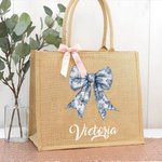 Personalizzato Toile De Jouy francese Retro Blu Fiocco Grande Borsa Tote in Juta con Nome Viaggio Essenziale Spiaggia Regalo di Compleanno per Donne