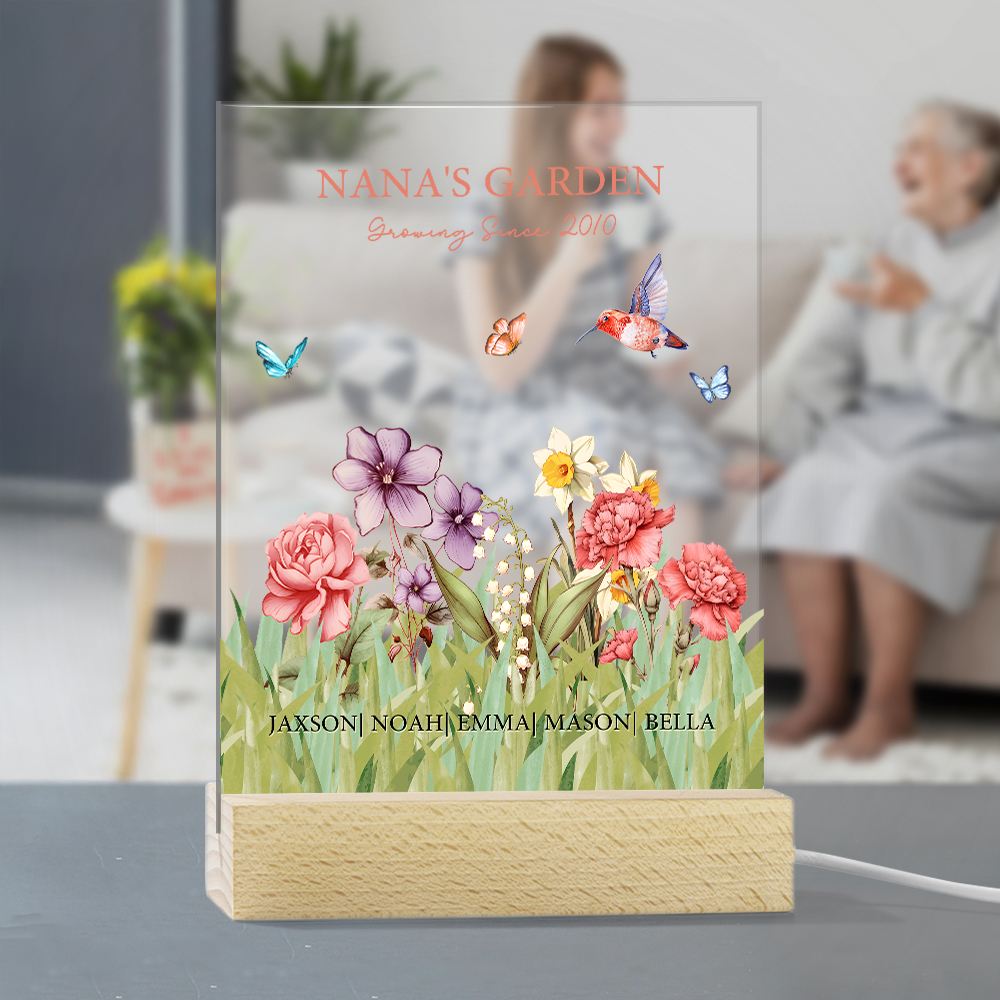 Personalized Grandma's Garden Birth Flower LED Night Light with Names and Wooden Base Home Decor Anniversary Appreciation Gift for Grandma Mom