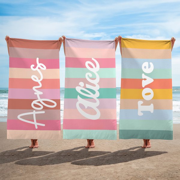 Personlig färgglad klassisk rand överdimensionerad snabbtorkande strandhandduk med namn reseförnödenheter sommar semester festgåva för familj vänner