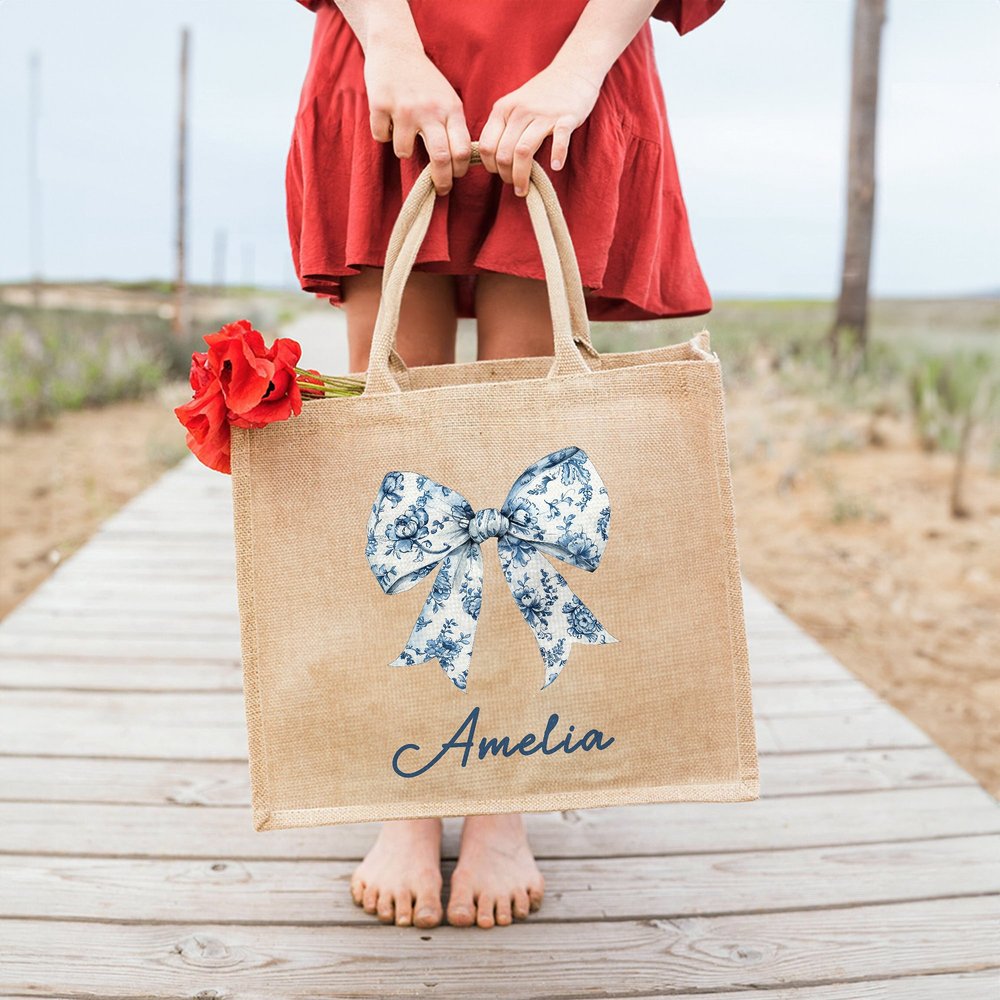 Personalized Toile De Jouy French Retro Blue Bow Large Jute Tote Bag with Name