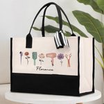 Personnalisé Aquarelle Coiffure Design 3 Fleurs de naissance Canvas Tote Bag avec Nom Anniversaire Appréciation Cadeau pour Stylistes Amoureux de la Coiffure