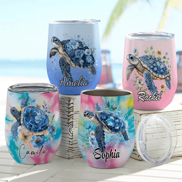Personalized Floral Sea Turtle Multicolor 12 oz Wine Tumbler with Name and Spill-proof Lid Travel Accessory Birthday Gift for Women Men