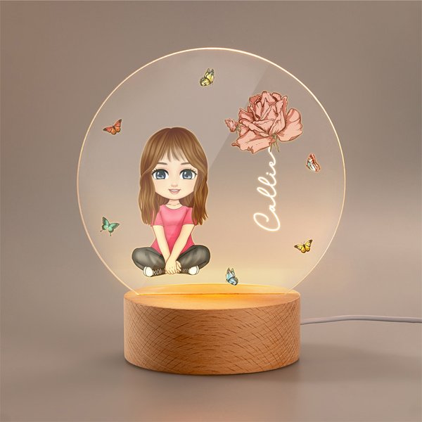 Gepersonaliseerde cartoon karakter geboorte bloem acryl LED nachtlampje met houten basis Home Decor Gift voor jongens meisjes