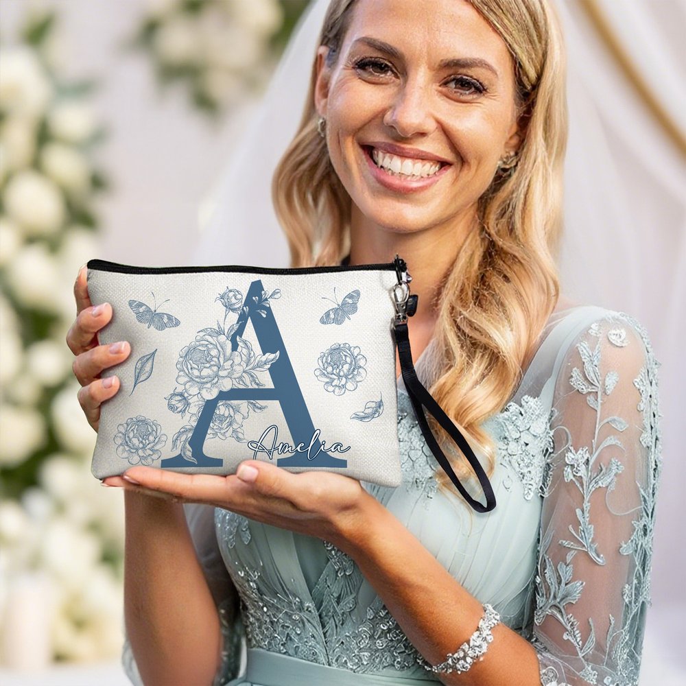 Personalized Floral Initial Design Portable Makeup Bag with Name