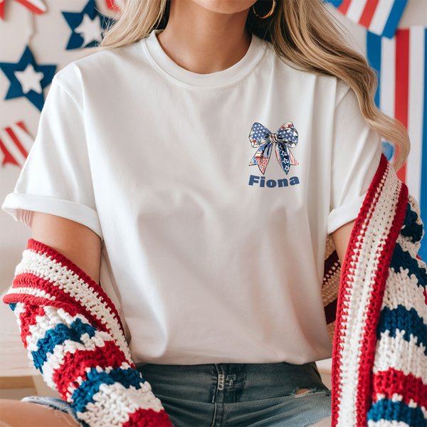 Personalized Star Flag Bow Design Multicolor 100% Cotton Soft T-shirt with Name Patriotic Independence Day Anniversary Gift for Women