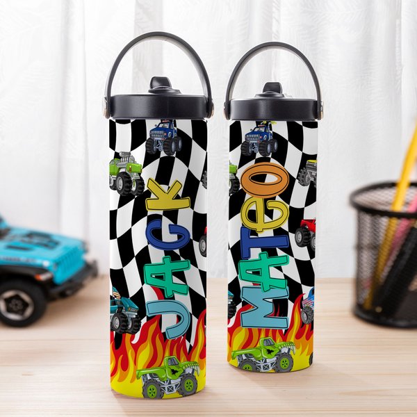 Botella de agua para niños de acero inoxidable aislante con asa y pajita personalizada con el nombre del camión todoterreno Regalo de vuelta al cole para niños y niñas