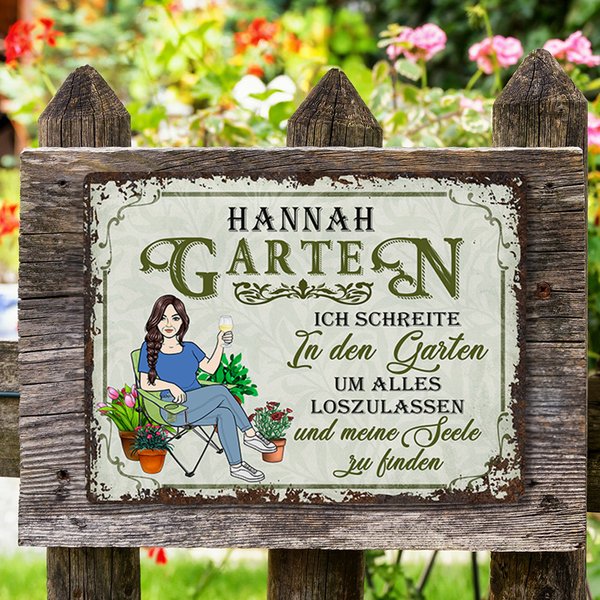 Personalisiertes Retro Garten Cartoon Charakter Metallschild mit Namen Gartendeko Einweihungsparty Geburtstag Geschenk für Oma Mama Gartenliebhaber