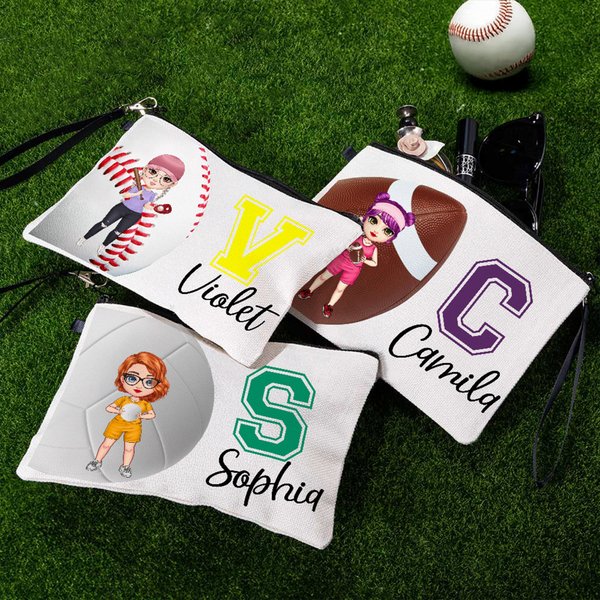 Sac de maquillage personnalisé avec nom et bracelet pour les sports de balle Cadeau d'anniversaire pour les femmes passionnées de sports de balle