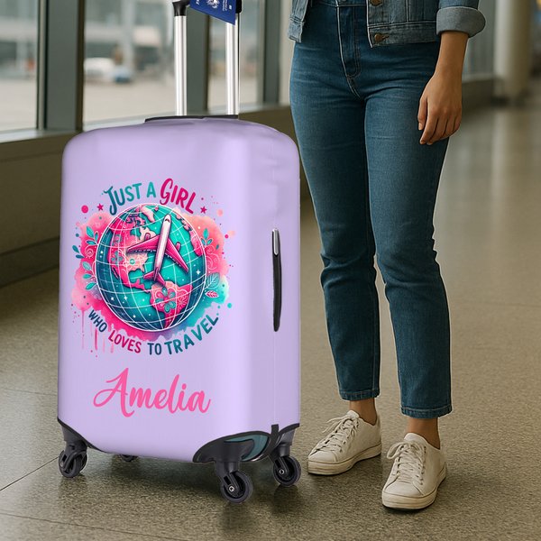 Personalized Just A Girl Airplane Earth Luggage Protective Cover Fits 18-32 Inches Suitcase with Name Travel Accessories Birthday Gift for Girls