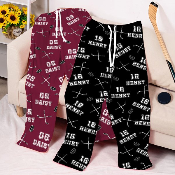 Pantalon de pyjama de hockey multicolore avec nom et numéro Cadeau d'anniversaire pour les femmes et les hommes qui aiment le hockey