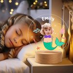 Personalised Face Photo Fantasy Mermaid LED Night Light with Name and Wooden Base Nursery Decor Birthday Gift for Girls