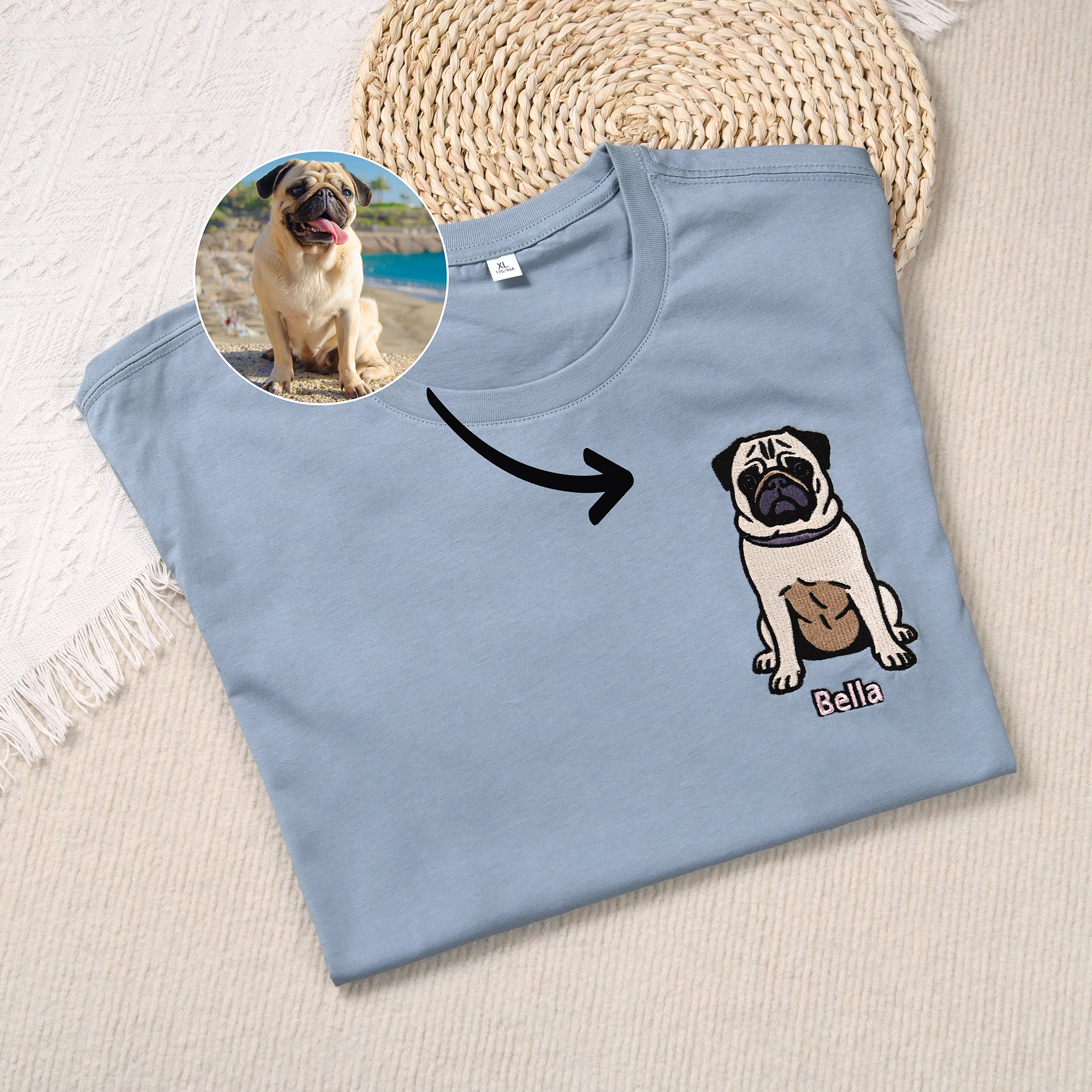 Personnalisé Multicolore brodé chien chat portrait photo T-shirt Sweatshirt Hoodie avec nom Anniversaire Cadeau de vacances pour la famille Amis Pet Lovers