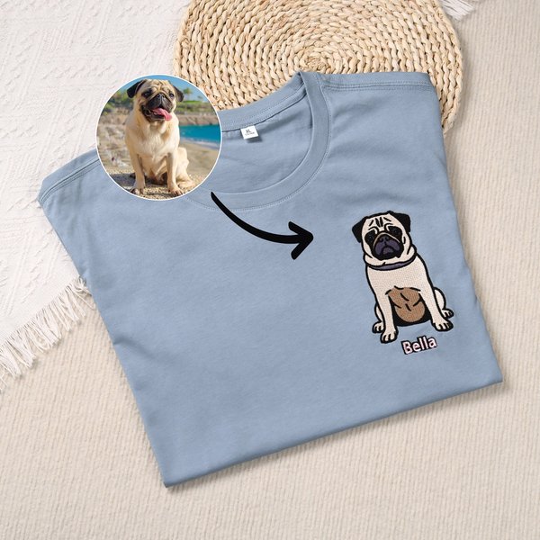 Personalized Multicolor Embroidered Dog Cat Pet Portrait Photo T-shirt Sweatshirt Hoodie with Name Birthday Holiday Gift for Family Friends Pet Lovers