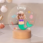 Personalised Face Photo Fantasy Mermaid LED Night Light with Name and Wooden Base Nursery Decor Birthday Gift for Girls