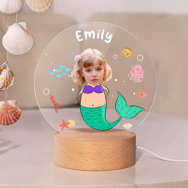 Personalised Face Photo Fantasy Mermaid LED Night Light with Name and Wooden Base Nursery Decor Birthday Gift for Girls
