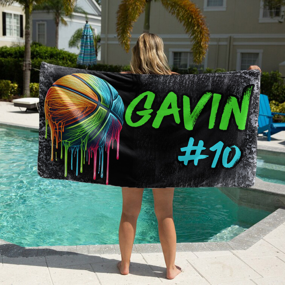 Serviette de plage personnalisée Graffiti Basketball avec nom et numéro Cadeau d'anniversaire pour les amoureux du basket-ball