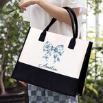 Personalizzato Toile De Jouy Blu Fiocco Nero e Bianco Impermeabile Grande Borsa Tote in Tela con Nome Compleanno Anniversario Regalo per Donne