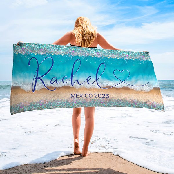 Henkilökohtainen Glitter Shoreline Nopea kuivua ylimitoitettu rantapyyhe nimi ja teksti Beach Vacation Pool Party lahja naisille