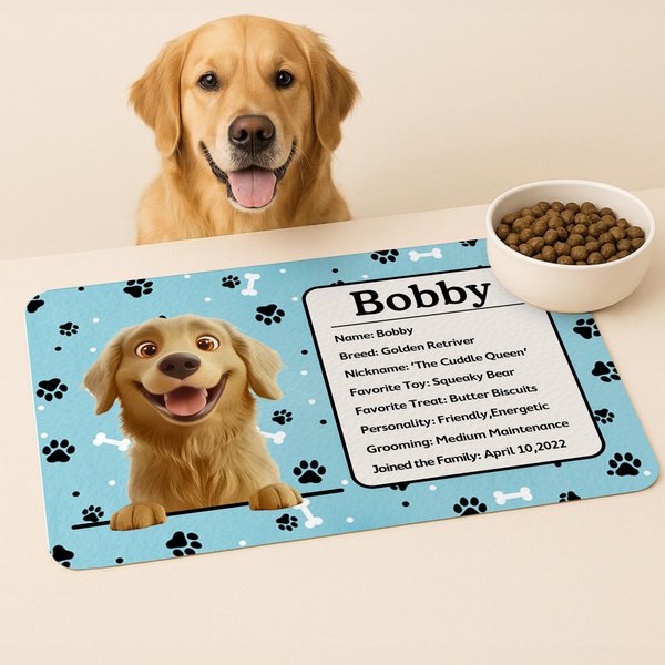 Personalised 3D Cartoon Cat Dog Paw Print Absorbent Pet Feeding Mat with Name Message and Waterproof Rubber Backing Birthday Gift for Pet Lovers