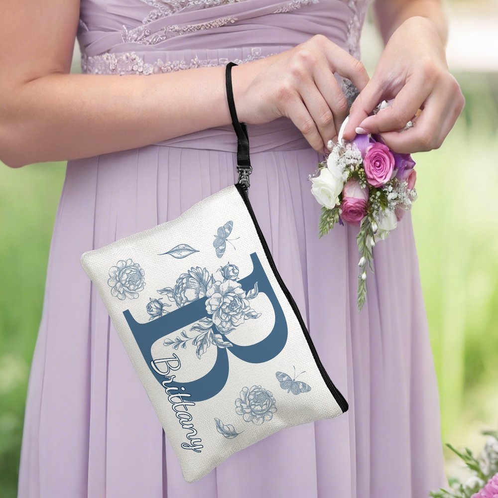 Borsa per il trucco personalizzata e portatile con nome, iniziale e disegni di fiori