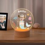 Personalised Face Photo Fantasy Mermaid LED Night Light with Name and Wooden Base Nursery Decor Birthday Gift for Girls