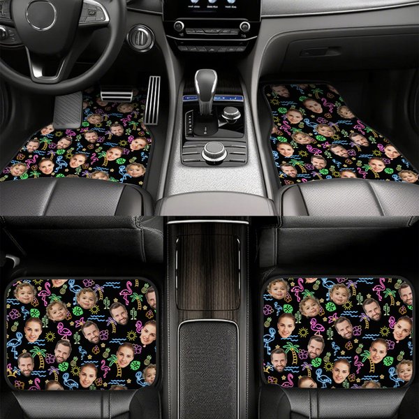 Personalisierte Flamingo Delphin Palme Anti-Rutsch Auto Fußmatte Satz von 4 Stück mit 1-3 Gesicht Fotos Geburtstagsgeschenk für Tierliebhaber Autobesitzer