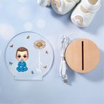 Personalised Cartoon Character Birth Flower Acrylic LED Night Light with Wooden Base Home Decor Gift for Boys Girls