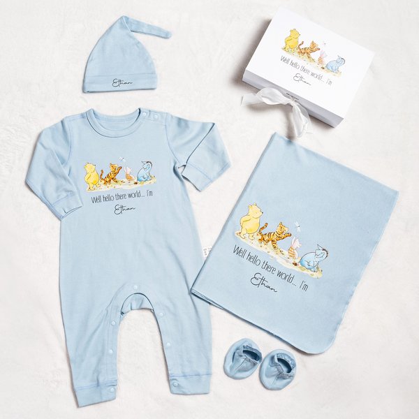 Personalized Classic Winnie the Pooh 100% Cotton Baby Romper Hat Blanket Outfit with Name and Gift Box Baby Shower Gift for Newborn New Parents