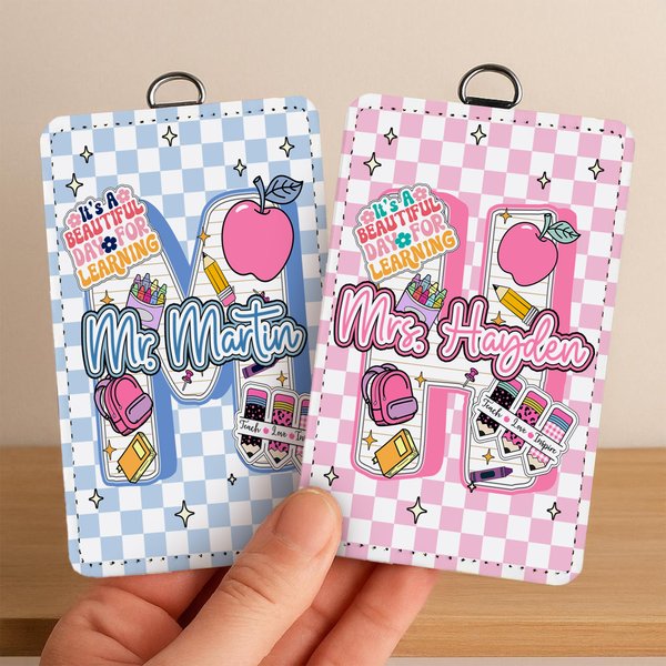 Personalized Cute Apple Pencil Initial PU Leather ID Badge Holder with Text Back to School Teacher's Day Appreciation Gift for Teacher