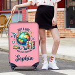 Personalized Just A Girl Airplane Earth Luggage Protective Cover Fits 18-32 Inches Suitcase with Name Travel Accessories Birthday Gift for Girls