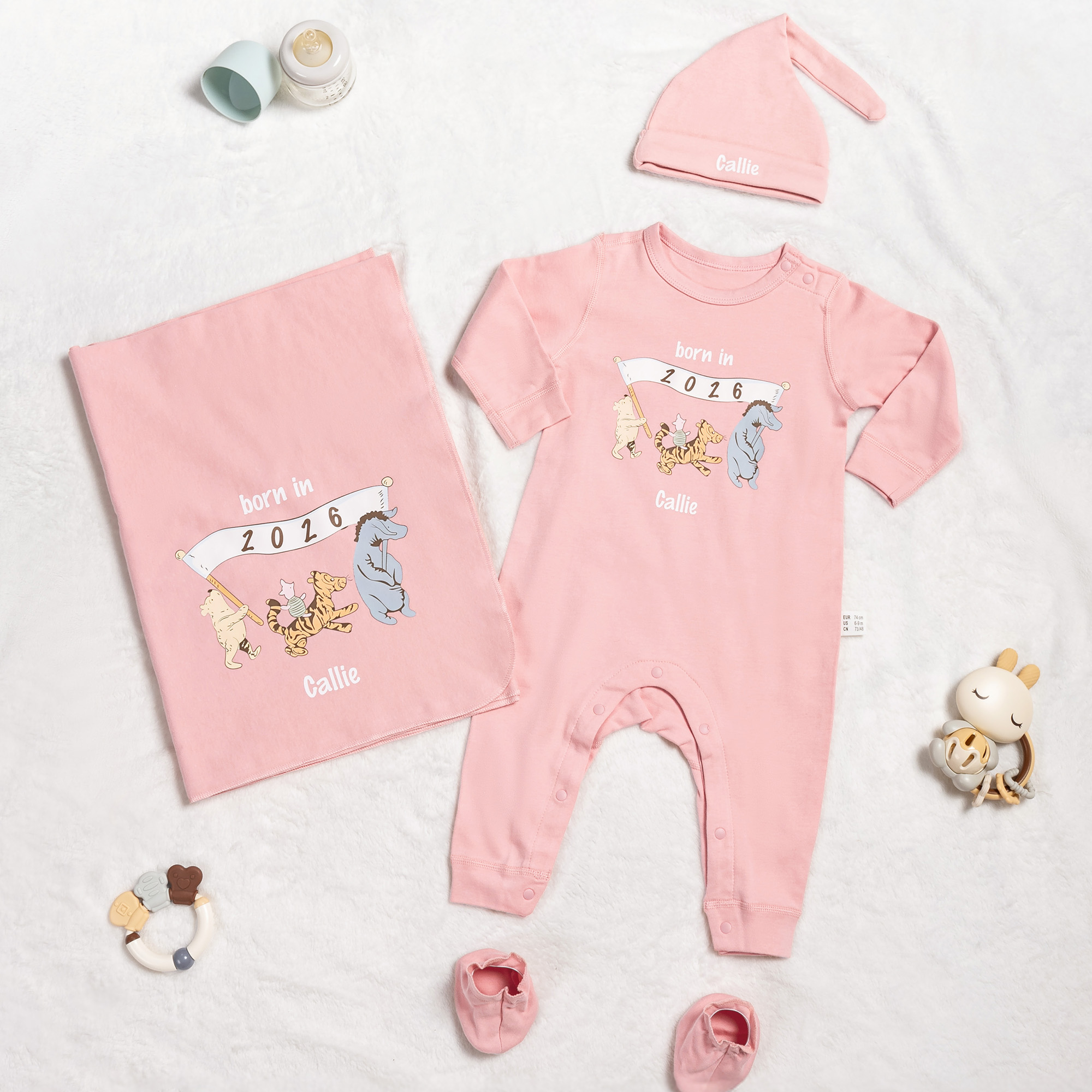 Personalized Classic Winnie the Pooh 100% Cotton Baby Romper Hat Blanket Outfit with Name Year Coming Home Baby Shower Gift for Newborn