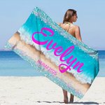 Toalla de playa de gran tamaño y secado rápido con purpurina personalizada con nombre y texto Regalo de vacaciones en la playa y fiesta en la piscina para mujer