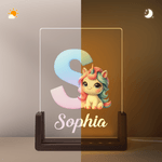 Personalisiertes Niedliches Fantasie Einhorn Acryl LED Nachtlicht mit Namen Initiale Holzsockel Kinderzimmer Haus Deko Geburtstag Geschenk für Kinder
