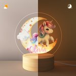 Personalisiertes Fantasie Einhorn Traumhaftes Mond LED Nachtlicht mit Holzsockel Namen Kinderzimmer Deko Geburtstag Baby Party Geschenk für Mädchen