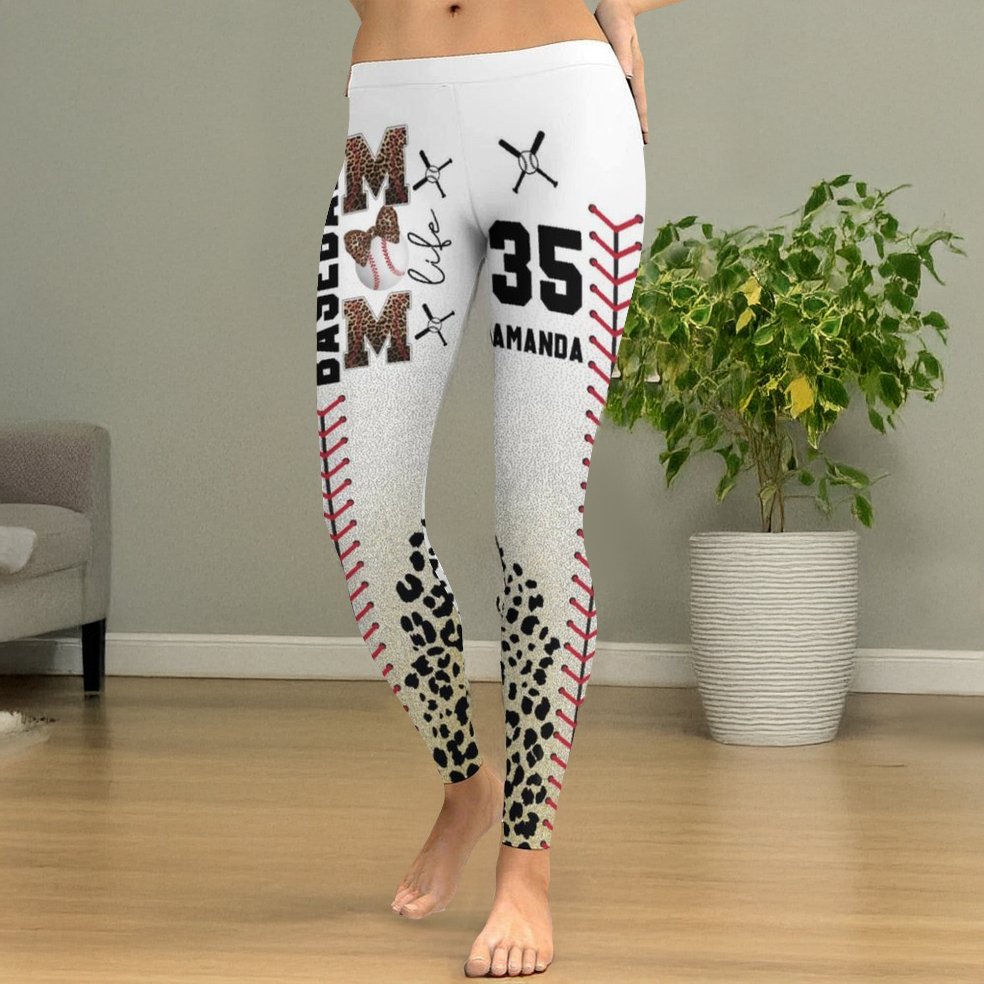 Leggings extensibles à motif léopard avec nom et numéro Accessoires de sport quotidiens Cadeau d'anniversaire et de match pour maman
