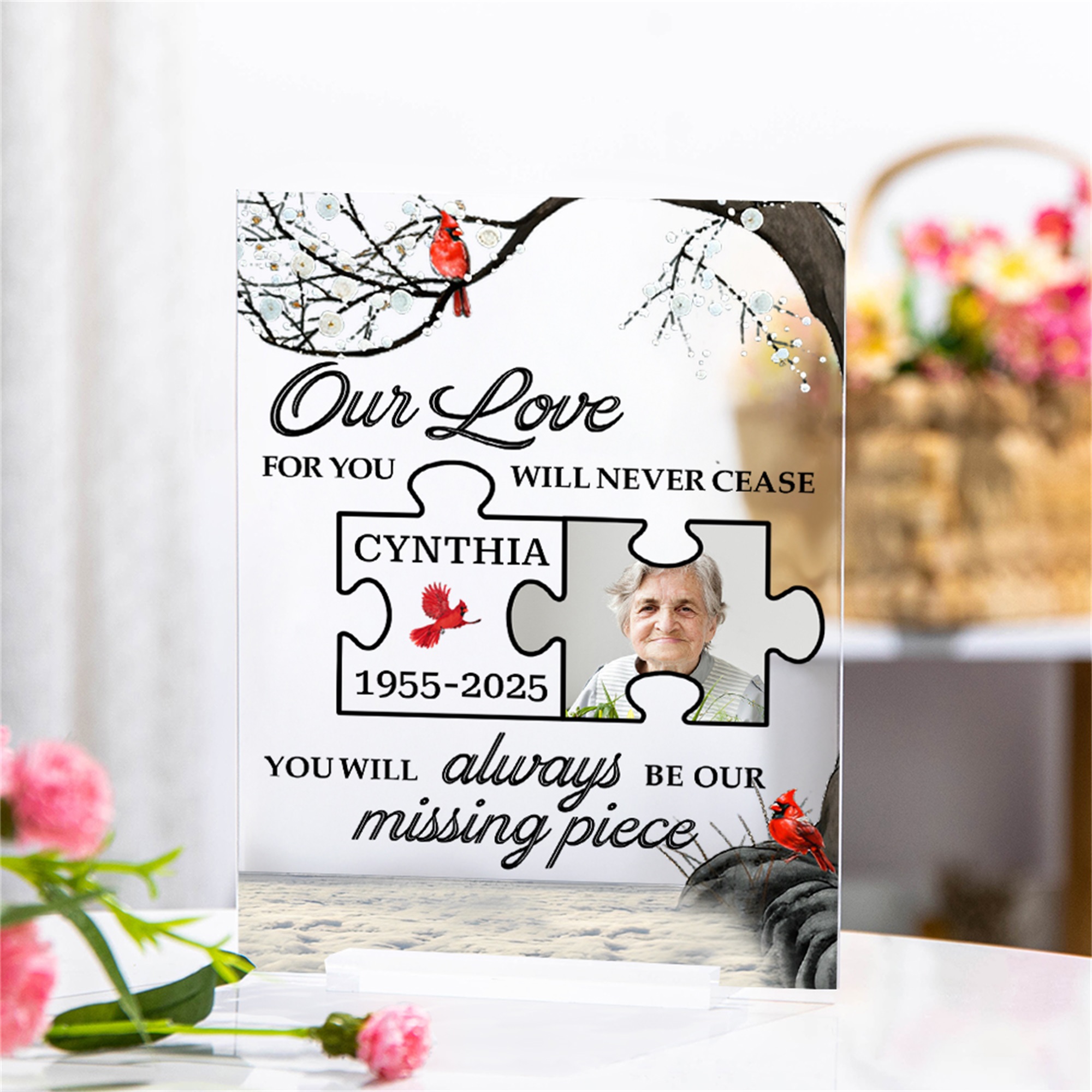 Plaque Acrylique Transparente Personnalisée Mon/Notre Amour Pour Toi Ne Cessera Jamais avec Photo Nom Année et Base Cadeau Commémoratif pour Amis Famille